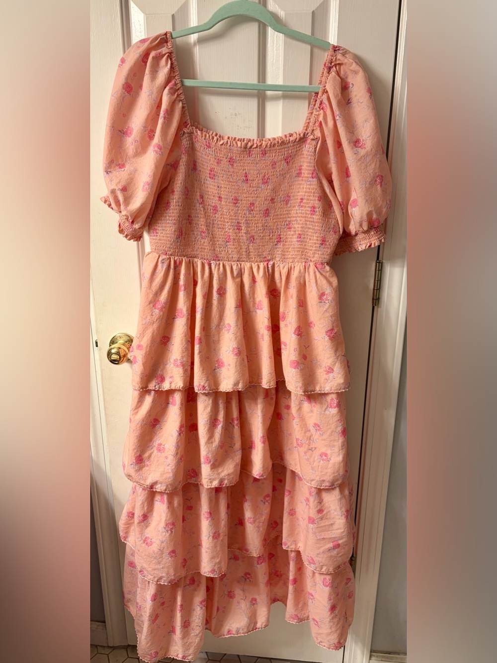 LoveShackFancy Target  Peach Floral Tiered Maxi Dress with Puff Sleeves
